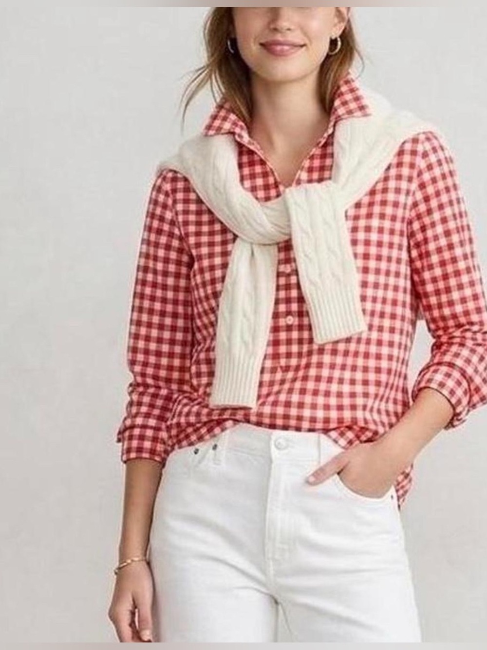 J. Crew Boy Fit Gingham Half Button Shirt Size L Red White